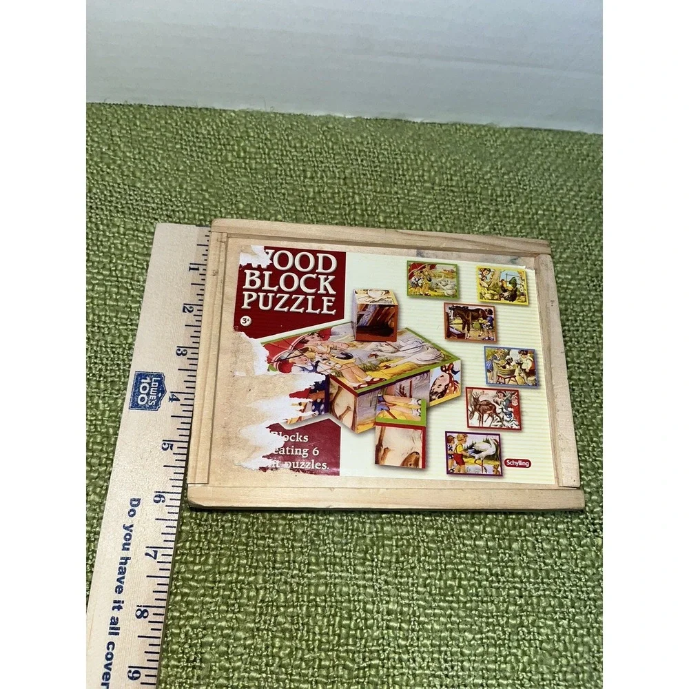 Schylling Wood Cube Puzzle , Vintage , Children Animals , Snow Scene 6 Sided 60s